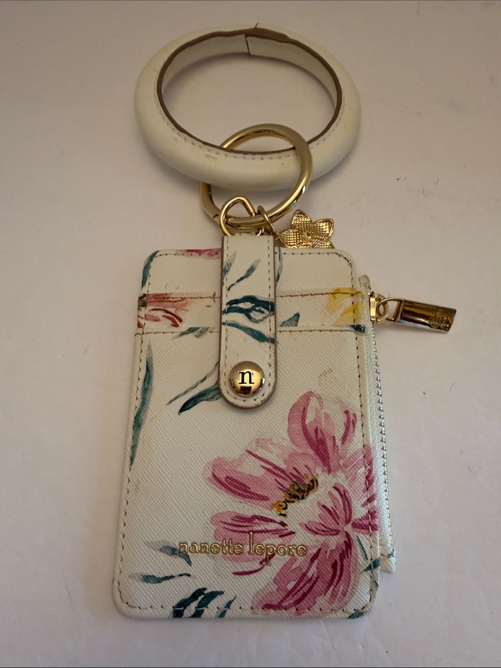 Nanette Lepore RFID White Floral Wristlet Card Holder Keyring NWOT